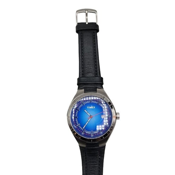 Timex Mens Quartz Watch Blue Face Indiglo WR100M 8" Leather Band 40mm Day VTG - Picture 13 of 15